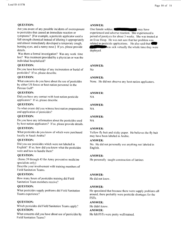   Lead Sheet #15378, Interview with 14th Medical Detachment preventive medicine specialist, March 9, 1998.