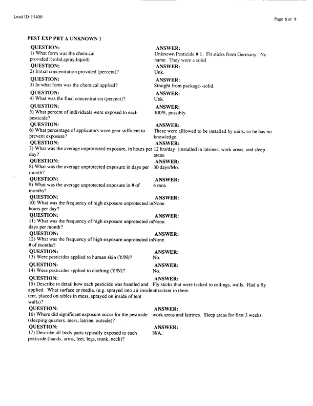   Lead Sheet #16044, Interview with 24th Mech. Infantry Division preventive medicine specialist, May 20, 1998.