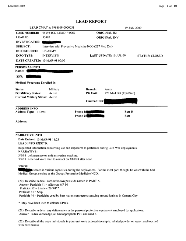   Lead Sheet #15402, Interview with 227th Medical Detachment preventive Medicine NCO, April 20, 1998.