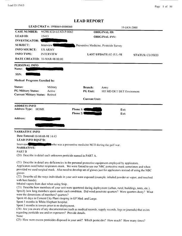   Lead Sheet #15413, Interview with preventive medicine specialist, 105th Medical Detachment, March 10, 1998.