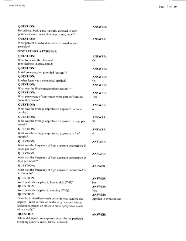   Lead Sheet #15413, Interview with preventive medicine specialist, 105th Medical Detachment, March 10, 1998.