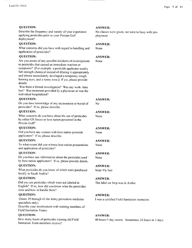   Lead Sheet #15413, Interview with preventive medicine specialist, 105th Medical Detachment, March 10, 1998.