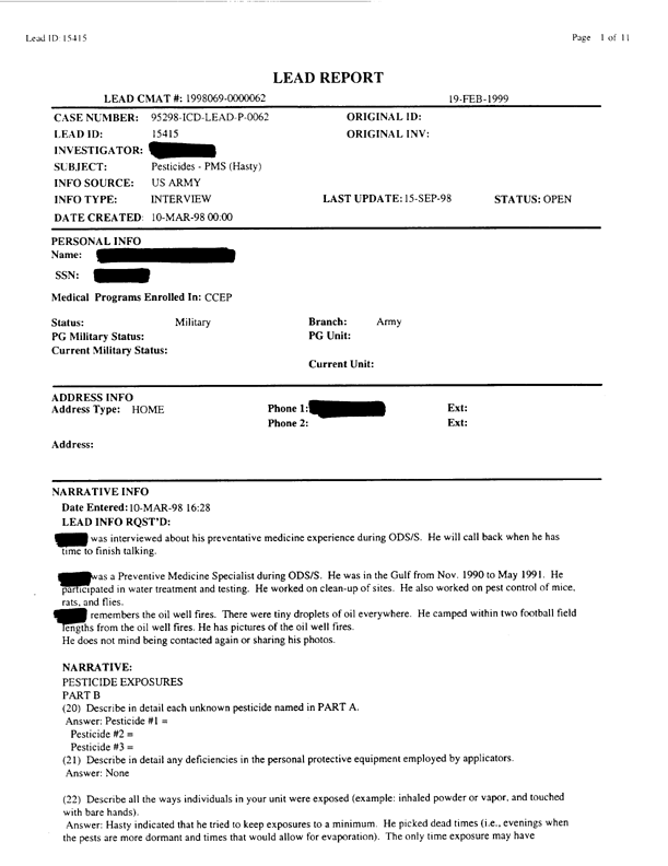   Lead Sheet #15415, Interview with 3rd Armored Division, 122nd Combat Support Battalion, Company F preventive medicine specialist, March 10, 1998.