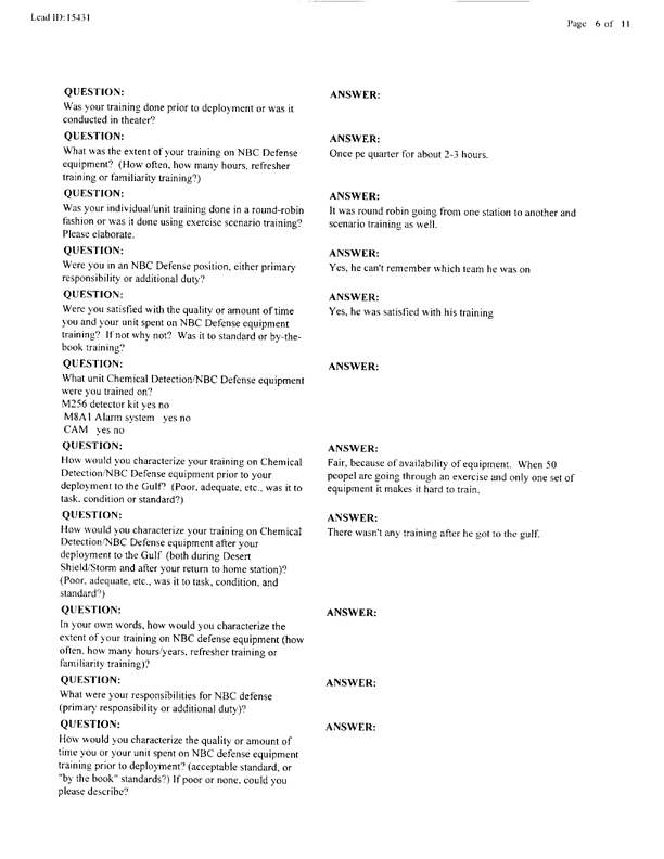   Lead Sheet #15431, Interview with 14th Medical Detachment preventive medicine specialist, June 11, 1998.
