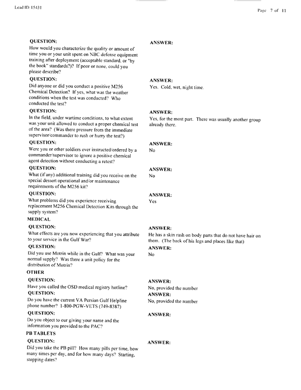   Lead Sheet #15431, Interview with 14th Medical Detachment preventive medicine specialist, June 11, 1998.