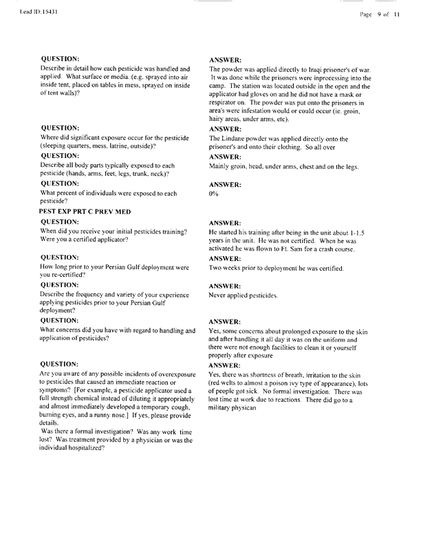 Lead Sheet #15431, Interview with 14th Medical Detachment preventive medicine specialist, March 11, 1998.