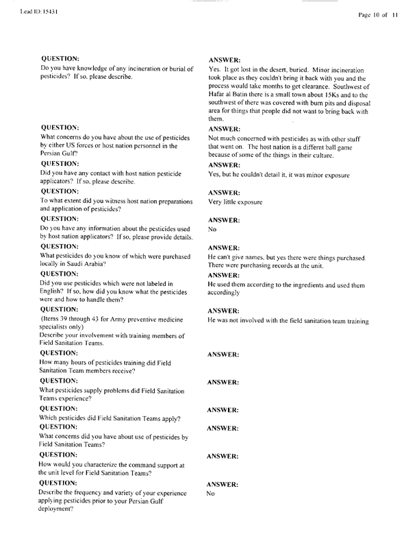 Lead Sheet #15431, Interview with 14th Medical Detachment preventive medicine specialist, March 11, 1998.
