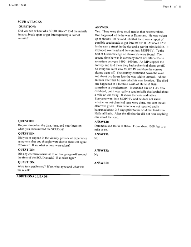 Lead Sheet #15431, Interview with 14th Medical Detachment preventive medicine specialist, March 11, 1998.