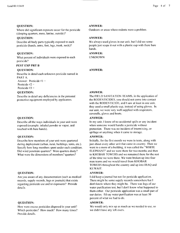   Lead Sheet #15449, Interview with 105th Medical Detachment preventive medicine specialist, June 22, 1998.