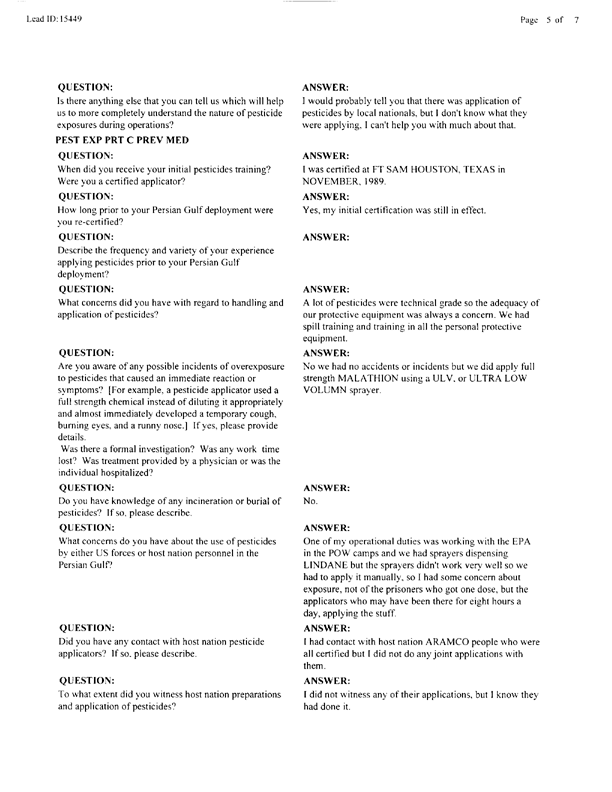   Lead Sheet #15449, Interview with 105th Medical Detachment preventive medicine specialist, June 22, 1998.