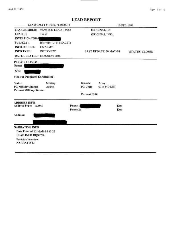   Lead Sheet #15452, Interview with 714th Medical Detachment preventive medicine specialist, March 12, 1998.