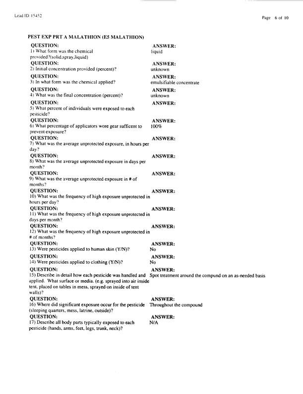   Lead Sheet #15452, Interview with 714th Medical Detachment preventive medicine specialist, March 12, 1998.