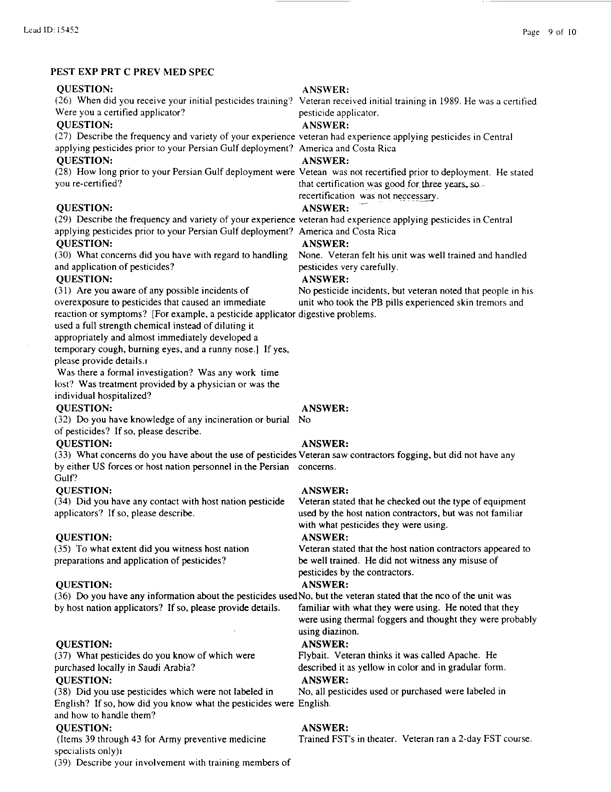   Lead Sheet #15452, Interview with 714th Medical Detachment preventive medicine specialist, March 12, 1998.