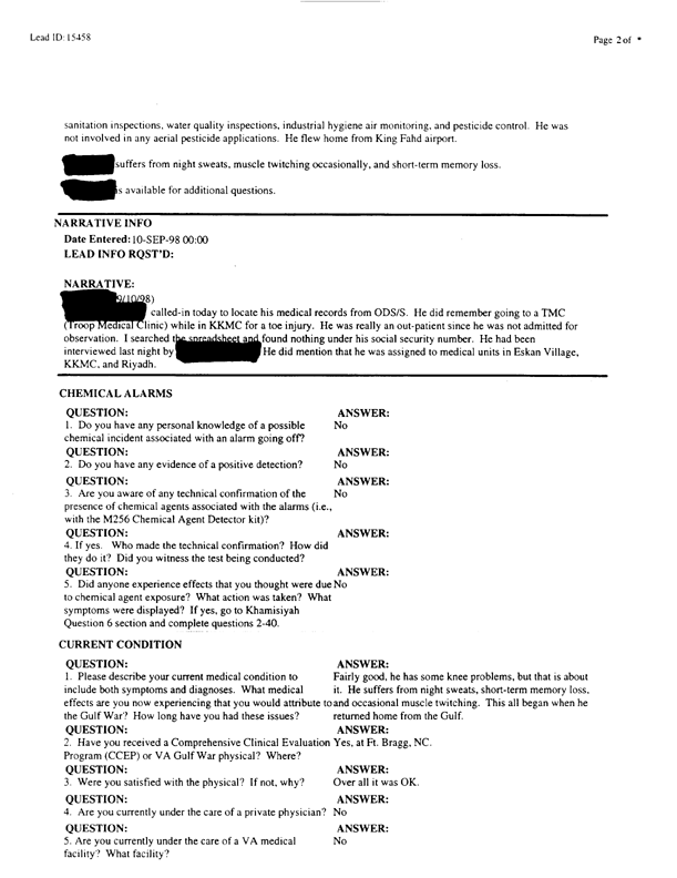   Lead Sheet #15458, Interview with Undetermined unit USA preventive medicine specialist, September 9, 1998.