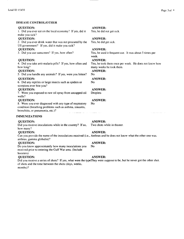   Lead Sheet #15458, Interview with Undetermined unit USA preventive medicine specialist, September 9, 1998.