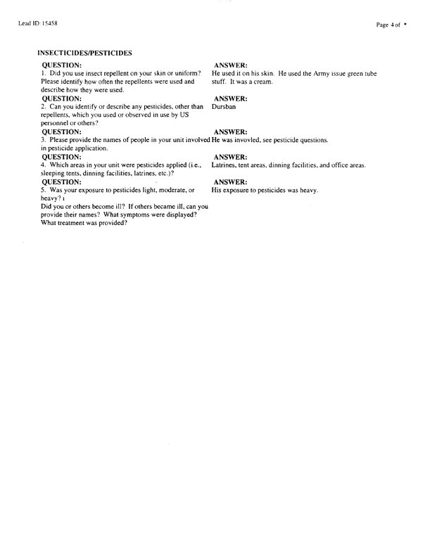   Lead Sheet #15458, Interview with Undetermined unit USA preventive medicine specialist, September 9, 1998.