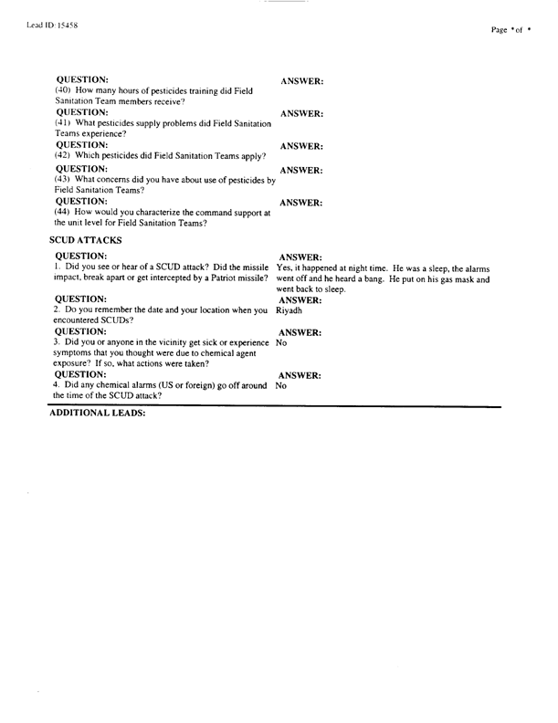   Lead Sheet #15458, Interview with Undetermined unit USA preventive medicine specialist, September 9, 1998.