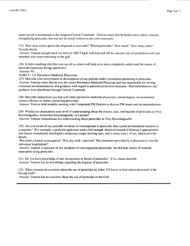   Lead Sheet #15462, Interview with CENTCOM preventive medicine physician, March 26, 1998.
