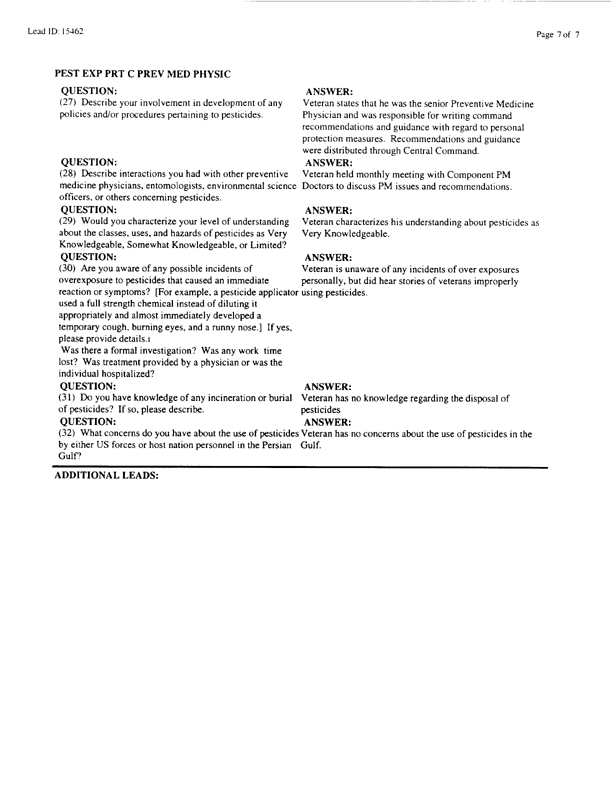   Lead Sheet #15462, Interview with CENTCOM preventive medicine physician, March 26, 1998.