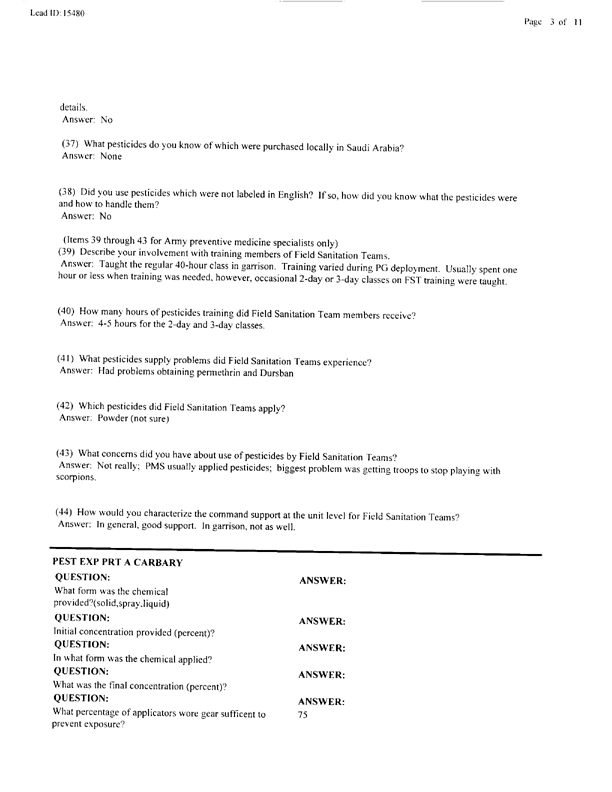   Lead Sheet #15480, Interview with 714th Medical Detachment preventive medicine specialist, March 17, 1998.