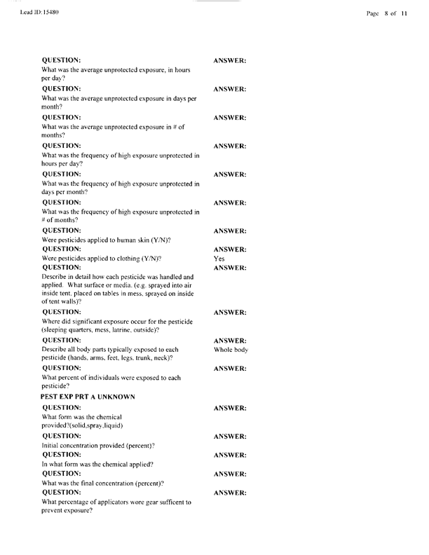   Lead Sheet #15480, Interview with 714th Medical Detachment preventive medicine specialist, March 17, 1998.