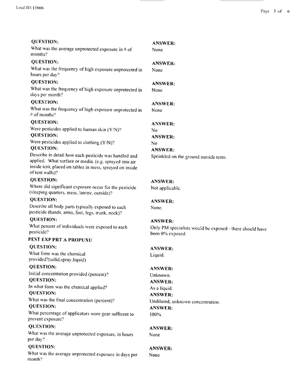   Lead Sheet #15666, Interview with 1st Medical Battalion preventive medicine technician, April 15, 1998.