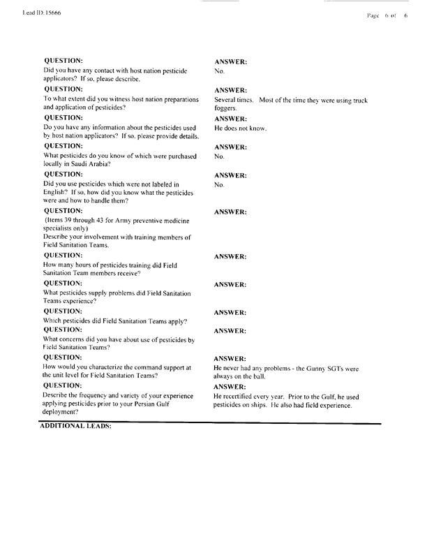   Lead Sheet #15666, Interview with 1st Medical Battalion preventive medicine technician, March 31, 1998.