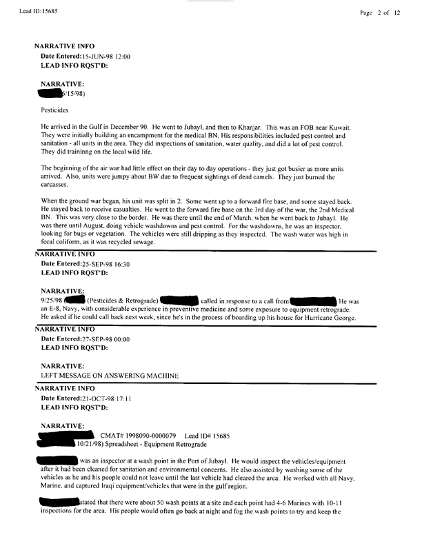   Lead Sheet #15685, Interview with 2nd Medical Battalion preventive medicine technician, June 15, 1998