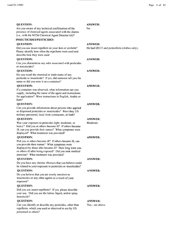   Lead Sheet #15685, Interview with 2nd Medical Battalion preventive medicine technician, June 15, 1998