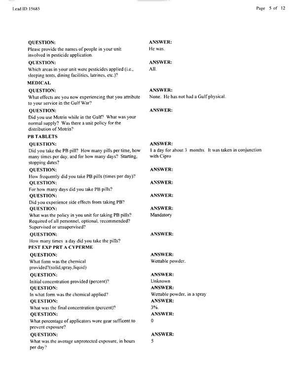  Lead Sheet #15685, Interview with 2nd Medical Battalion preventive medicine technician, June 15, 1998