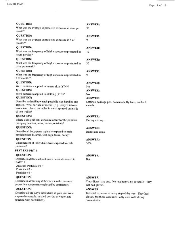   Lead Sheet #15685, Interview with 2nd Medical Battalion preventive medicine technician, June 15, 1998