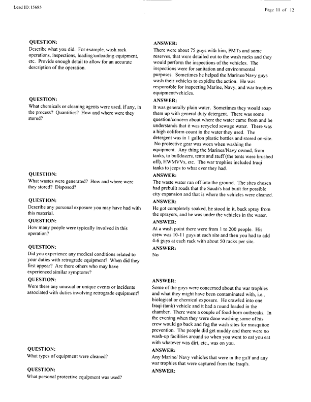   Lead Sheet #15685, Interview with 2nd Medical Battalion preventive medicine technician, June 15, 1998