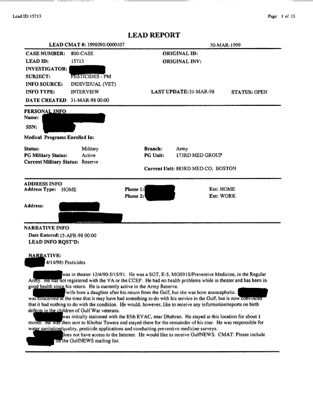 Lead Sheet #15713, Interview with 173rd Medical Group preventive medicine specialist, April 15, 1998;