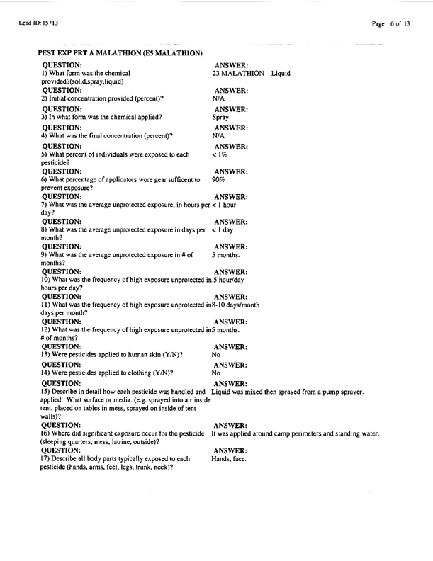 Lead Sheet #15713, Interview with 173rd Medical Group preventive medicine specialist, April 15, 1998;