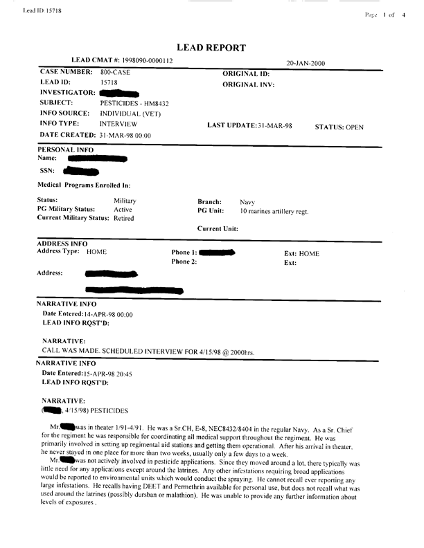   Lead Sheet #15718, Interview with 10th Marine preventive medicine technician, April 15, 1998.