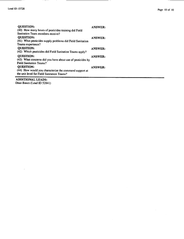   Lead Sheet #15728, Interview with 1st Medical Battalion preventive medicine specialist, April 16, 1998.