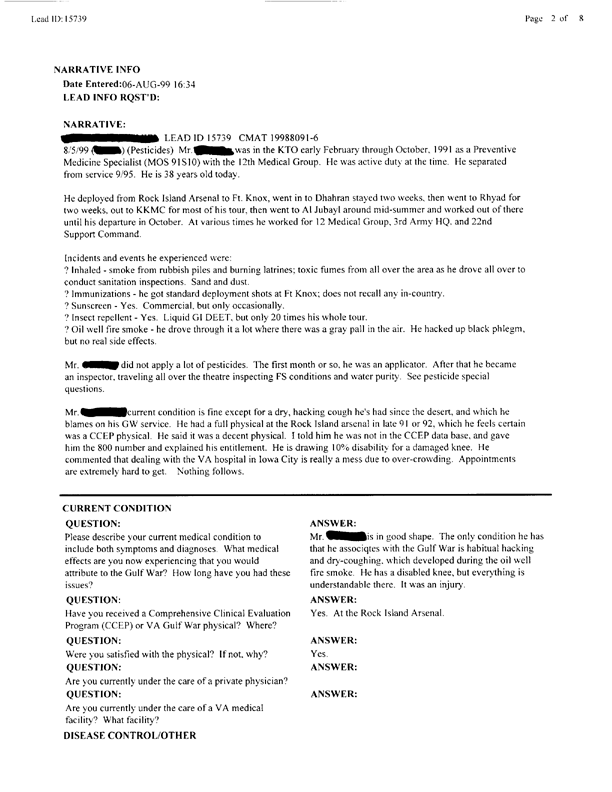   Lead Sheet #15739, Interview with 12th Medical Detachment preventive medicine specialist, August 5, 1998.