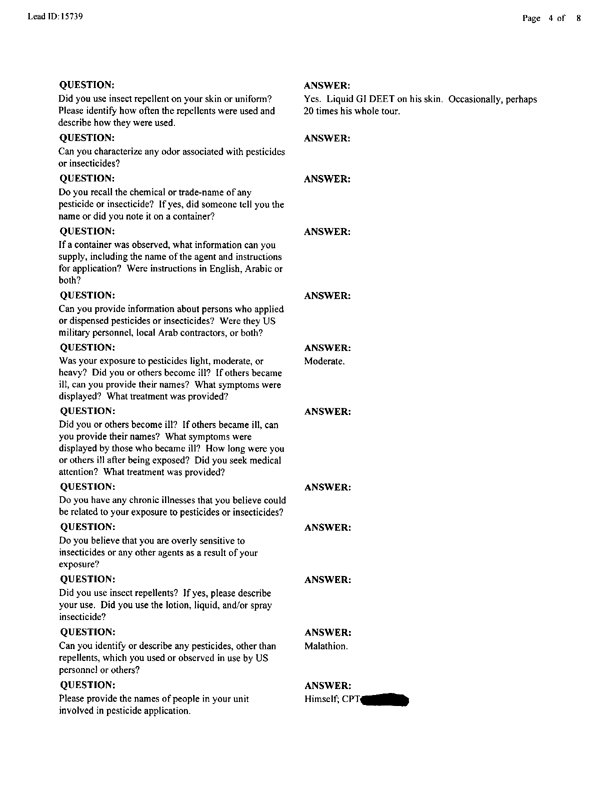   Lead Sheet #15739, Interview with 12th Medical Detachment preventive medicine specialist, August 5, 1998.