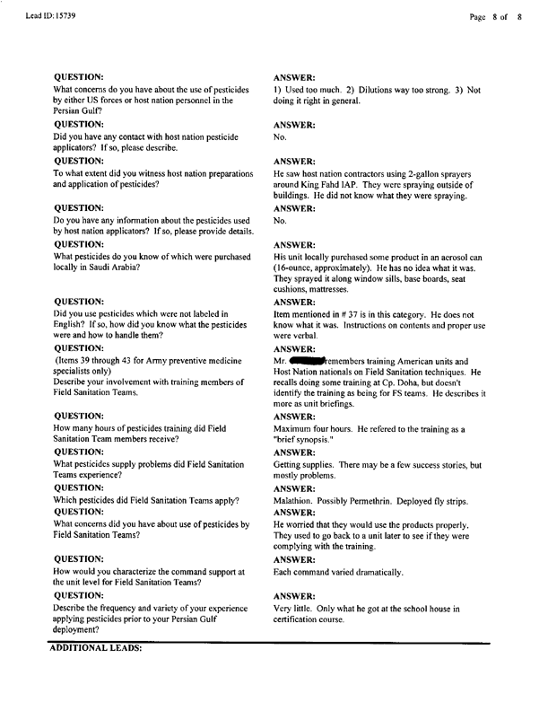   Lead Sheet #15739, Interview with 12th Medical Detachment preventive medicine specialist, August 5, 1998.