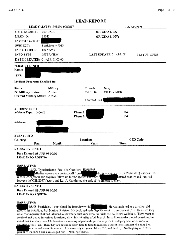   Lead Sheet #15747, Interview with 1st Marine Expeditionary Brigade preventive medicine technician, April 8, 1998.