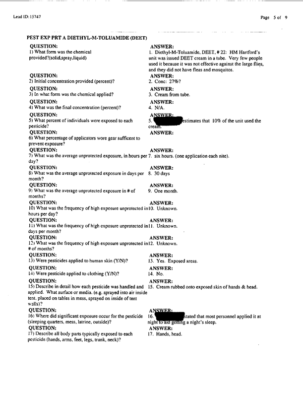  Lead Sheet #15747, Interview with 1st Marine Expeditionary Brigade preventive medicine technician, April 8, 1998.