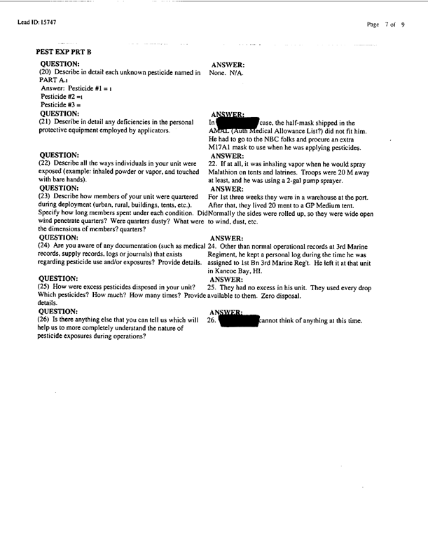   Lead Sheet #15747, Interview with 1st Marine Expeditionary Brigade preventive medicine technician, April 8, 1998.