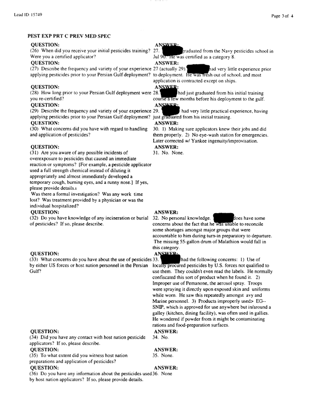   Lead Sheet #15749, Interview with 2nd Medical Battalion preventive medicine technician, April 7, 1998.