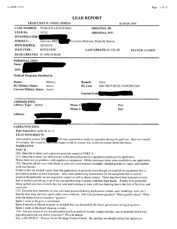 Lead Sheet #15752, Interview with Navy preventive medicine technician, April 1, 1998, p. 11.