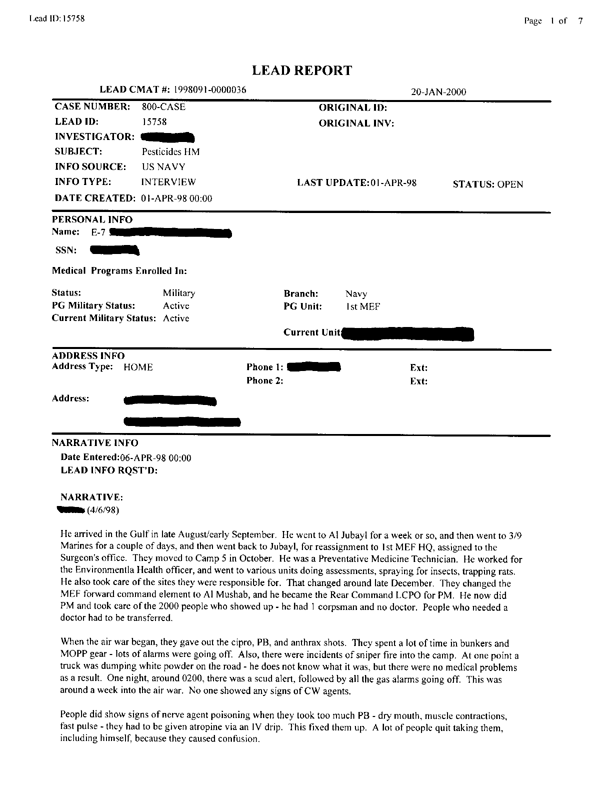   Lead Sheet #15758, Interview with 1st Marine Expeditionary Force preventive medicine technician, April 6, 1998.