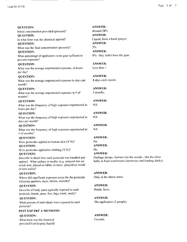  Lead Sheet #15758, Interview with 1st Marine Expeditionary Force preventive medicine technician, April 6, 1998.