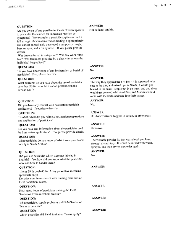   Lead Sheet #15758, Interview with 1st Marine Expeditionary Force preventive medicine technician, April 6, 1998.