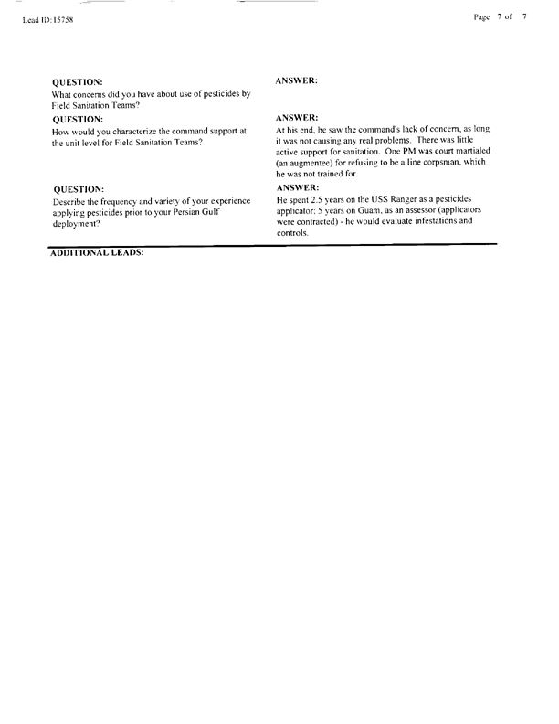   Lead Sheet #15758, Interview with 1st Marine Expeditionary Force preventive medicine technician, April 6, 1998.