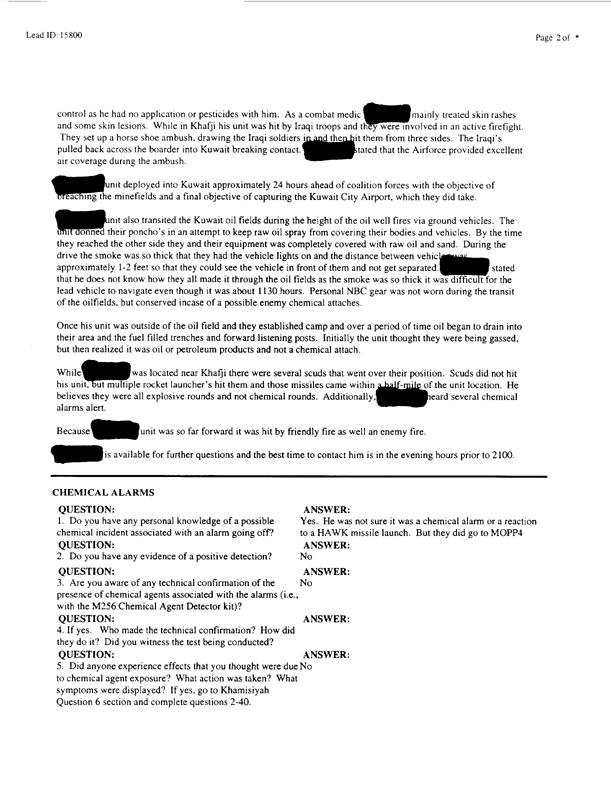   Lead Sheet #15800, Interview with 1st Marine Expeditionary Brigade preventive medicine technician, April 17, 1998.