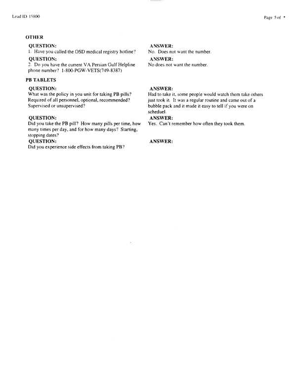   Lead Sheet #15800, Interview with 1st Marine Expeditionary Brigade preventive medicine technician, April 17, 1998.